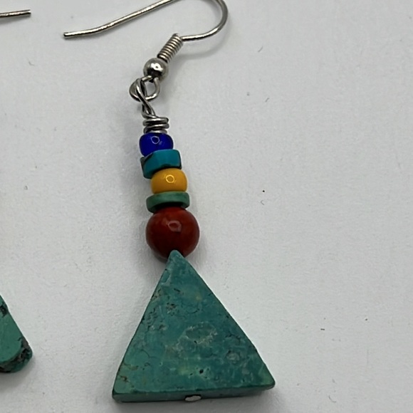 TURQUOISE, SPONGE CORAL, AND GLASS BEAD EARRINGS WITH STERLING SILVER HOOKS - Picture 3 of 6